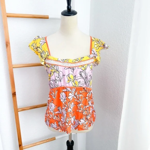 Farm Rio Tia Flutter Sleeved Blouse Floral Yellow Pink - Picture 2 of 8